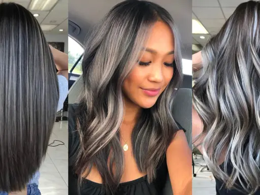 Tres estilos de cabello oscuro con mechas plateadas y grises para disimular canas.