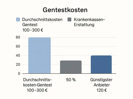 Grafico sui costi del test genetico: costo medio 100-300€, rimborso assicurazione 50%, offerta più economica 120€.