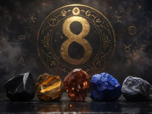 Pięć kryształów przed złotym znakiem nieskończoności i zodiaku. Numerologiczna 8 symbolizuje moc i równowagę.