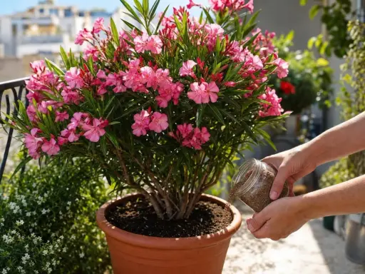 Des mains versent des granulés dans le terreau pour laurier rose, assurant une floraison éclatante sur le balcon.