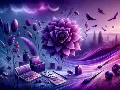 Artystyczna wizja, gdzie odcienie fioletu nazwy malują magiczny krajobraz. Kwiaty, ptaki i przybory malarskie w purpurowej krainie.