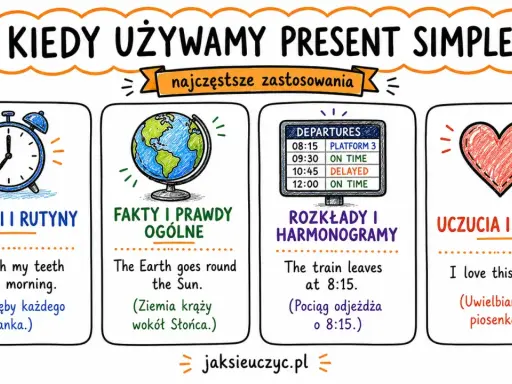 Grafika wyjaśnia, kiedy używamy czas teraźniejszy angielski: nawyki (np. "I brush my teeth"), fakty ("The Earth goes round"), rozkłady ("The train leaves") i uczucia ("I love this song").