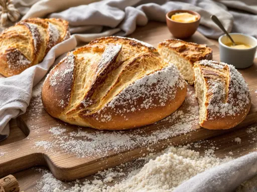 Une brioche au levain, mie filante, saupoudrée de farine, sur une planche en bois. Du beurre et de la confiture sont à proximité.