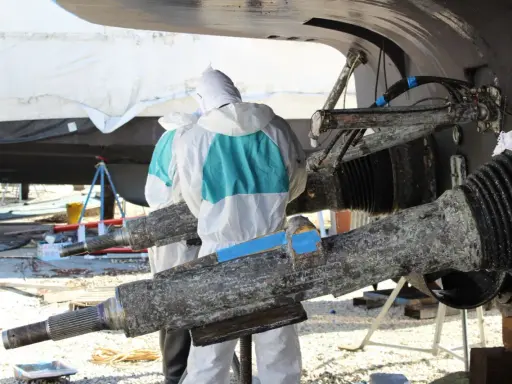 Travailleurs en combinaison protègent un bateau aluminium contre l'électrolyse. Des pièces rouillées sont visibles.