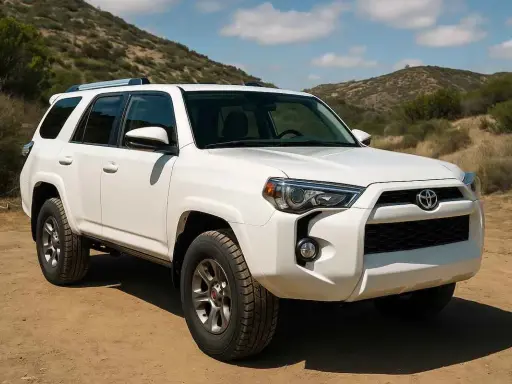 Un blanco SUV listo para la aventura, con sus robustas ruedas preparadas para conquistar caminos de montaña.
