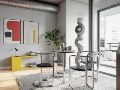 Nowoczesne wnętrze w stylu bauhaus z okrągłym stołem, krzesłami z chromowanej rury i abstrakcyjnymi obrazami na ścianie.