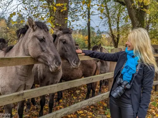 Kobieta głaszcze koniki polskie w Roztoczańskim Parku Narodowym. Jesienne liście tworzą barwne tło.