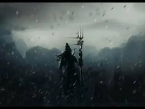 Mörk, dramatisk bild av Shiva med sitt trishul, som om han utför Shiv Tandav Stotram i en stormig, bergig miljö.