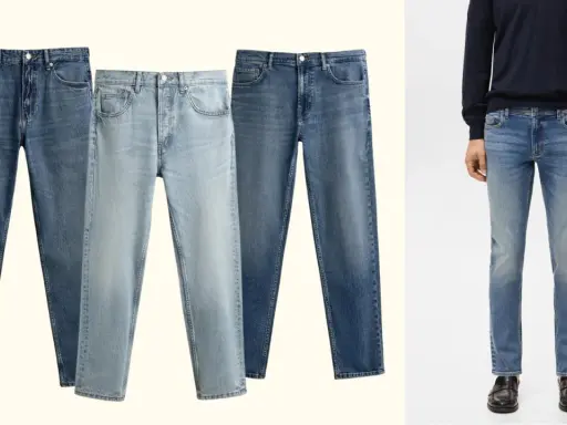 Tre paia di jeans in diverse tonalità di blu, con un uomo che indossa jeans slim fit. Il jeans slim fit significato è un taglio moderno e versatile.