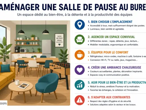 Une salle de pause conviviale avec canapé jaune, fauteuil bleu, table, chaises, baby-foot et cuisine équipée. Idéal pour la détente et la productivité.