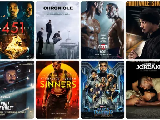 Affischer för filmer med Michael B. Jordan: Fahrenheit 451, Chronicle, Creed, Fruitvale Station, Without Remorse, Sinners, Black Panther och A Journal for Jordan.