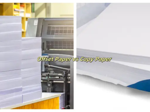 Pilares de papel para impresión offset y un fajo de papel couché o estucado en un paquete azul.