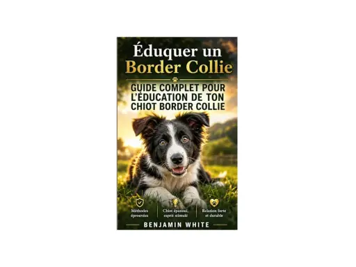 Couverture de livre "Éduquer un Border Collie", avec un chiot Border Collie assis dans l'herbe au coucher du soleil. Guide complet pour l'éducation de votre chiot.