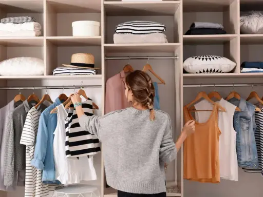 Kobieta porządkuje szafę, wieszając ubrania. Widać półki z poukładanymi rzeczami i wieszaki z odzieżą. To inspiracja, wie organisiert man den kleiderschrank.