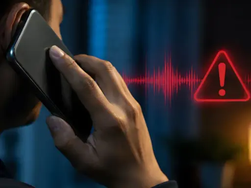 Mann telefoniert, während Warnsymbole und ein Haken auf dem Bildschirm erscheinen. Beispiele für Vishing, bei denen Betrüger versuchen, per Telefon an Daten zu gelangen.