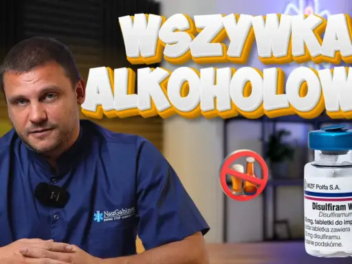 Lekarz omawia leki na zespół abstynencyjny. Na zdjęciu widać buteleczkę Disulfiramu WZF, który pomaga w leczeniu alkoholizmu.