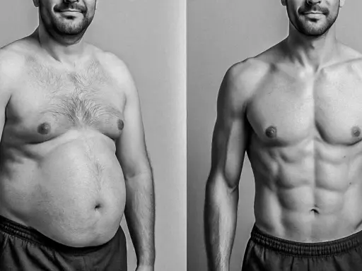 Avant/après : un homme avant et après avoir réussi à perdre du ventre rapidement.