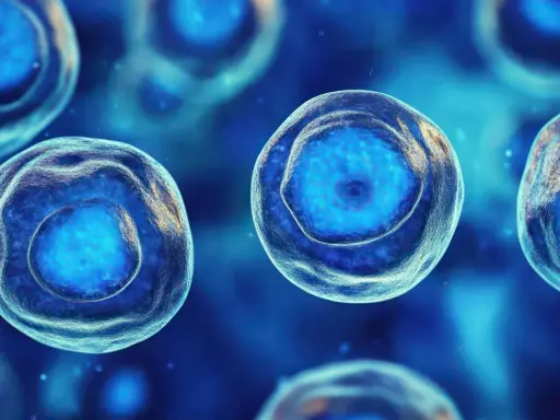 Cellule staminali: cosa sono? Immagine ravvicinata di cellule blu luminose con nuclei distinti, che suggeriscono potenziale rigenerativo.