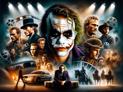 Hyllning till Heath Ledger och hans ikoniska filmer. Joker dominerar, omgiven av scener och porträtt från hans karriär.