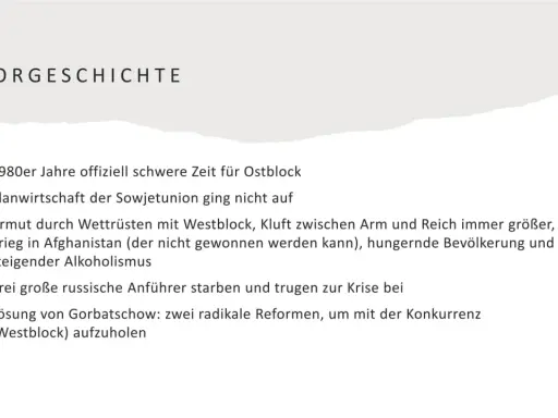 Vorgeschichte: 1980er schwere Zeit für Ostblock, Planwirtschaft scheiterte. Gorbatschows Reformen (Perestroika Bedeutung) sollten Konkurrenz aufholen.