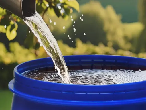 Un tubo gris vierte agua clara en un barril azul, demostrando cómo canalizar agua de lluvia para su reutilización.