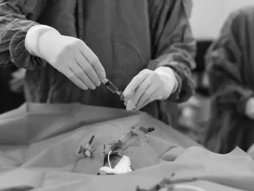 Mani guantate preparano una siringa per la picc chemio, un momento delicato di cura.