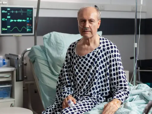 Starszy mężczyzna w szpitalnym łóżku, z tlenem w nosie, walczy z ostrą białaczką szpikową. Monitor pokazuje jego parametry życiowe.