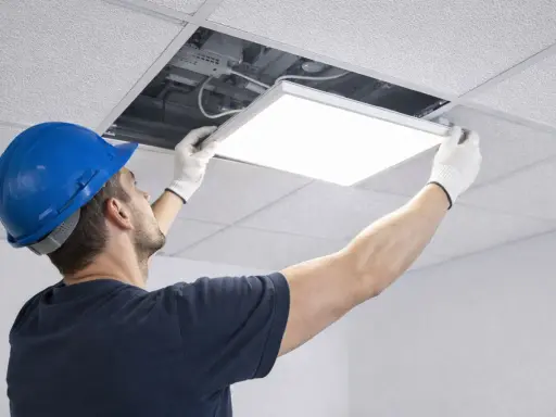 Un ouvrier installe une dalle LED design dans un faux plafond.
