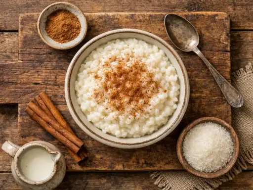 Cremiger Milchreis mit Zimt, Zucker und Zimtstangen. Ist Milchreis gesund? Mit wenig Zucker und Vollkornreis ja!