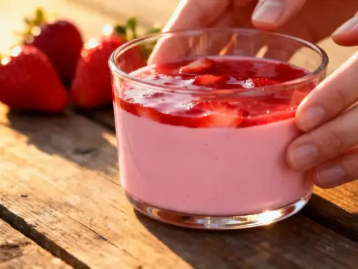 Délicieux panna cotta fraise, onctueux et fruité, servi dans un verre sur une table en bois. Des fraises fraîches sont disposées à côté.