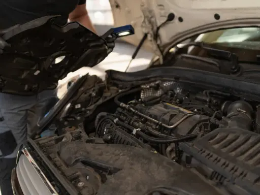Mechanik sprawdza silnik, który mógł ulec przegrzaniu. Widać elementy silnika i narzędzia.