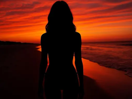 Silueta de una mujer en la playa al atardecer, con el cielo en tonos naranjas y rojos intensos.