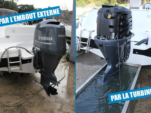Comment rincer moteur hors-bord avec oreilles : une méthode par l'embout externe, l'autre par la turbine.