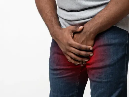 Mężczyzna trzyma się za krocze, gdzie widoczny jest czerwony obszar bólu, sugerujący ropień prostaty.