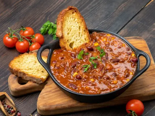 Pyszne chili con carne z fasolą i kukurydzą, podane z grzankami. Idealny przepis na zdrowy obiad, który rozgrzeje i nasyci.