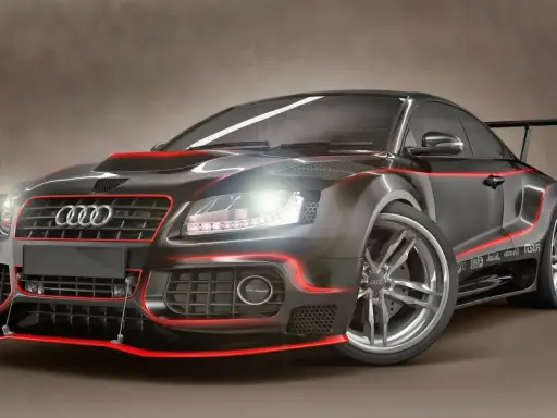 Audi negro con detalles rojos, un coche deportivo de alta gama. ¿Audi de donde es? De Alemania, ¡pura ingeniería!