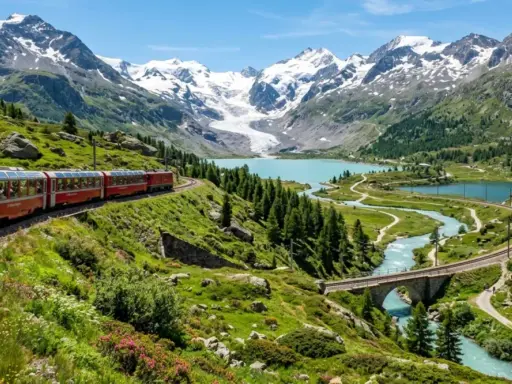 Il trenino del Bernina percorre un paesaggio alpino mozzafiato, con laghi turchesi, montagne innevate e verdi pendii fioriti.