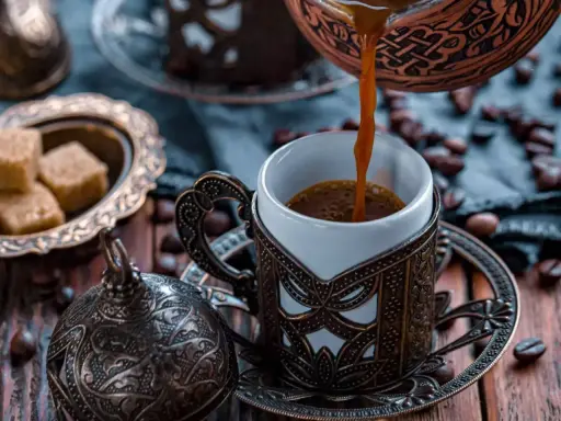Heißer Mokka wird in eine verzierte Tasse gegossen. Der Unterschied zwischen Mokka und Espresso liegt in der Zubereitung und Intensität.