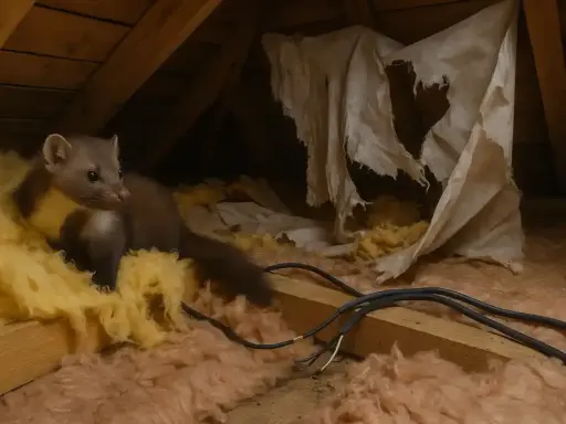 Kuna na poddaszu, wśród wełny mineralnej i zniszczonej tkaniny, szuka schronienia.