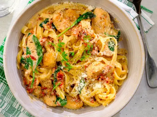En skål med krämig pasta med soltorkade tomater, kyckling och spenat, toppad med riven parmesan och färska örter.