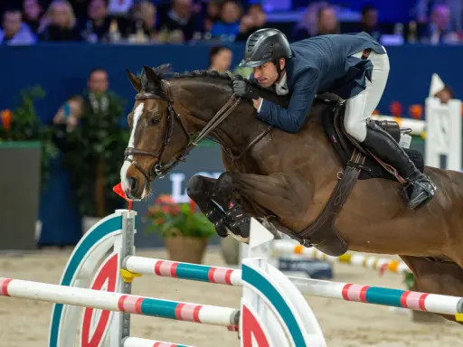 Reiter und Pferd im Sprung über ein Hindernis. Die Haltung des Reiters, die Anspannung des Pferdes und die elektrischen Sporen deuten auf einen spannenden Wettkampf hin.