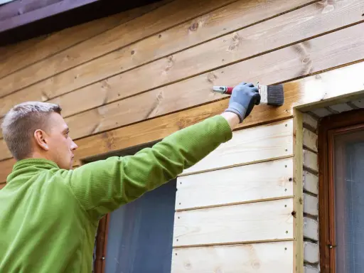 Mężczyzna maluje deskę elewacyjną, tworząc piękne aranżacje. Drewno nabiera nowego blasku.