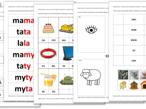 Obrazki do nauki mowy do druku: karty z literami, obrazkami i słowami do ćwiczeń czytania i mówienia.