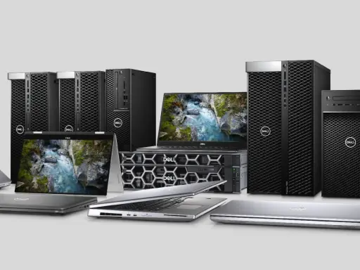 Różnorodne rodzaje obudów komputerowych Dell: laptopy, stacje robocze i serwery.