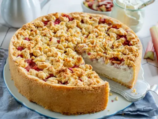 Saftiger Rhabarber Schmand Kuchen mit knuspriger Streuseldecke, ein Genuss für jeden Kaffeetisch.