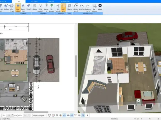 Ein 3D-Grundriss zeigt ein Haus mit Wohnzimmer, Küche, Bad und Diele. Der schlafzimmer grundriss ist Teil des Erdgeschosses.