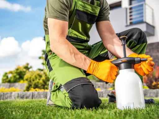 Jardinero con guantes naranjas prepara un pulverizador, buscando alternativas al glifosato para un cuidado ecológico del césped.