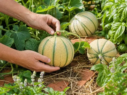 Mains récoltent des melons mûrs dans une plantation. Les fruits sont sur le sol, entourés de feuilles vertes et de pailles.