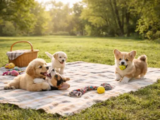 Szukasz imion dla psa chłopaka? Trzy urocze szczenięta, corgi, golden retriever i labrador, bawią się na pikniku.