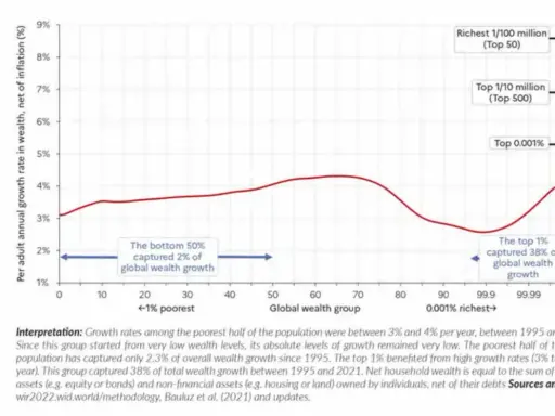 Grafico mostra il rapporto di concentrazione di gini: la crescita della ricchezza è bassa per il 50% più povero e altissima per l'1% più ricco.